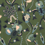 Detail of a playful graphic botanical design  in shades blue and teal on a forest green field.