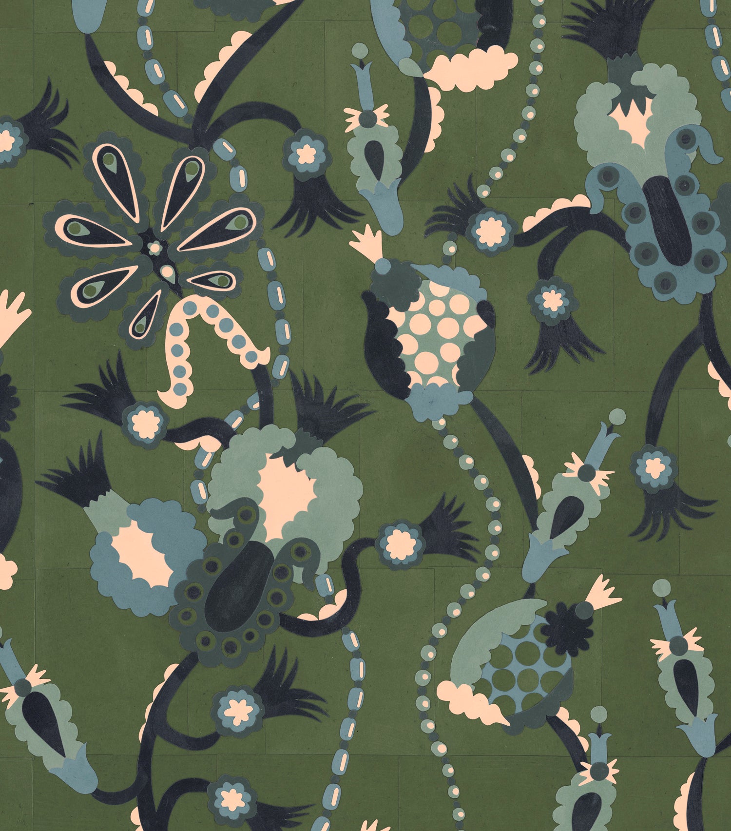 Detail of a playful graphic botanical design  in shades blue and teal on a forest green field.