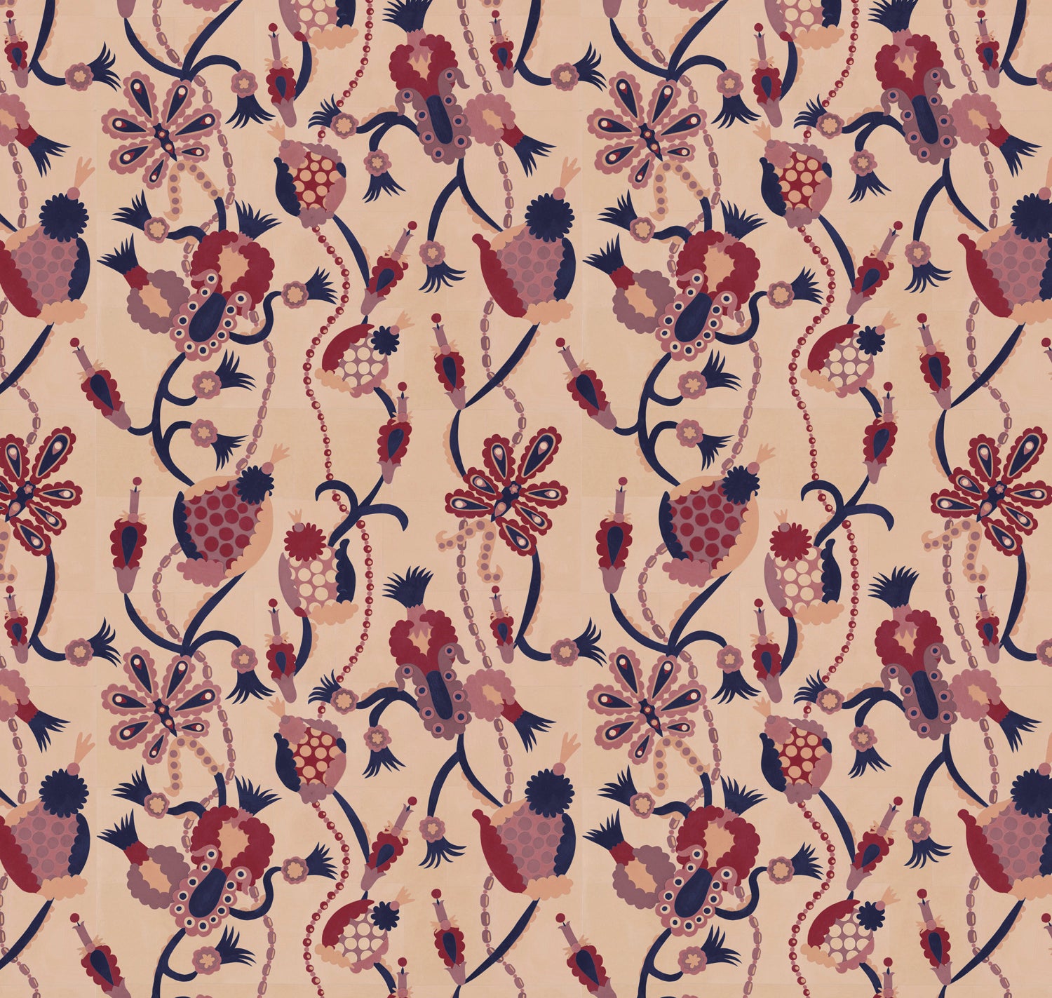 Detail of a playful graphic botanical design  in shades red, purple and pink on a fpale pink field.