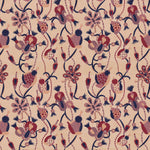 Detail of a playful graphic botanical design  in shades red, purple and pink on a fpale pink field.
