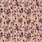 Detail of a playful graphic botanical design  in shades red, purple and pink on a fpale pink field.