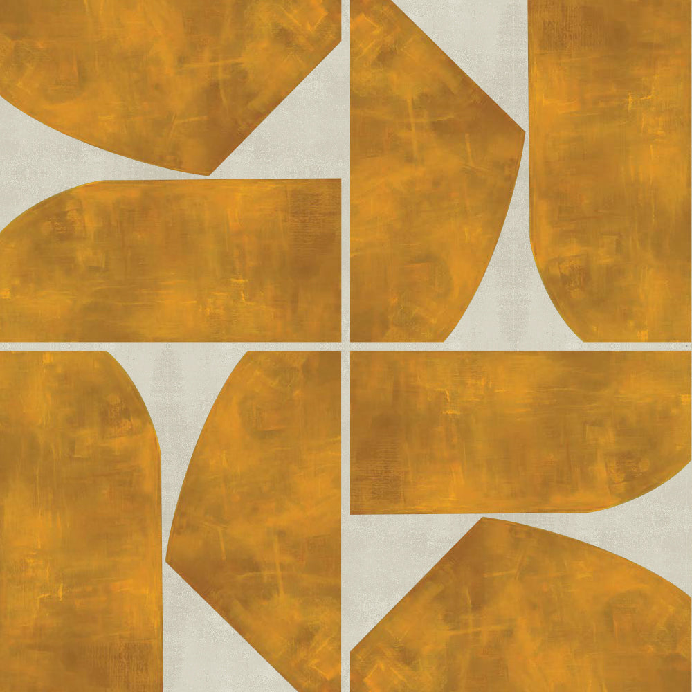 Detail of wallpaper in a geometric grid print in mustard on a mottled cream field.