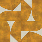 Detail of wallpaper in a geometric grid print in mustard on a mottled cream field.