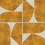 Detail of wallpaper in a geometric grid print in mustard on a mottled cream field.