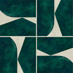 Detail of wallpaper in a geometric grid print in dark green on a mottled cream field.