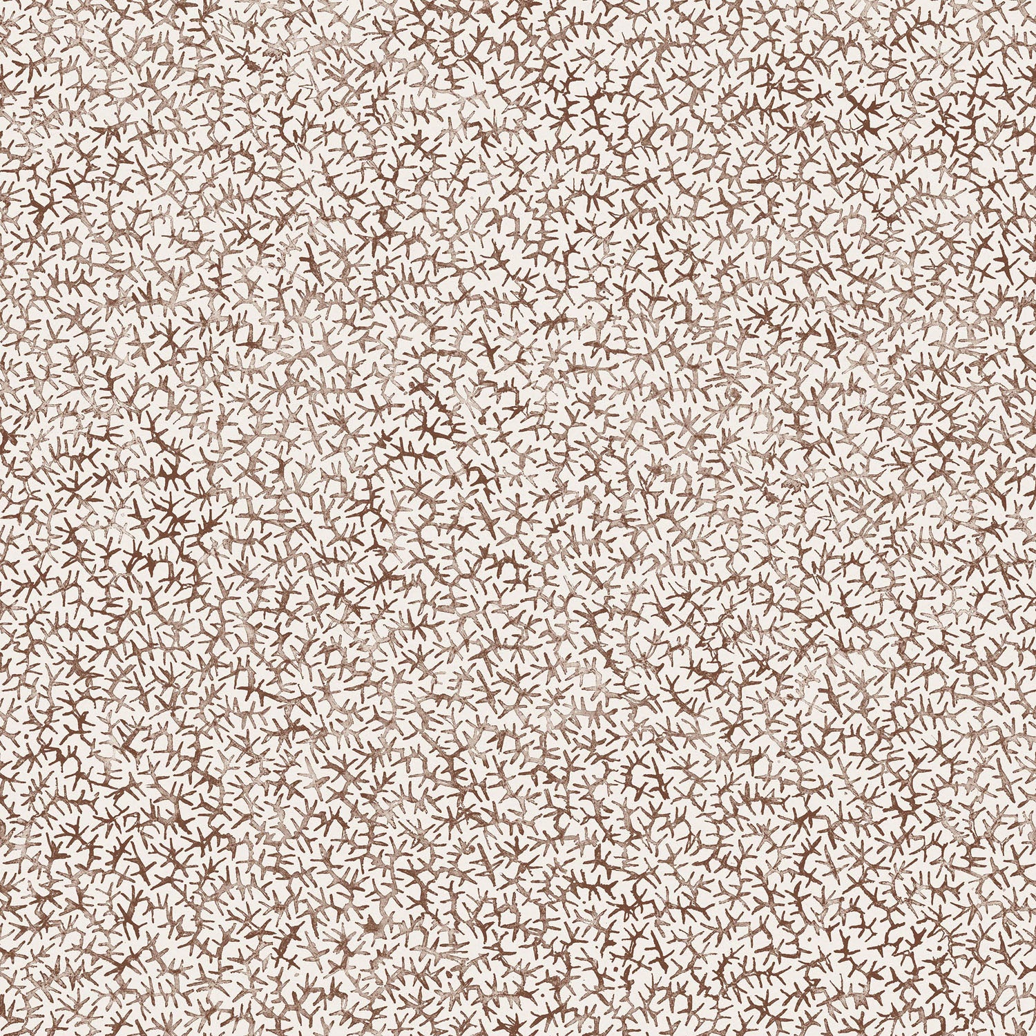 Printed fabric with small scale coral design in dark brown on white. 