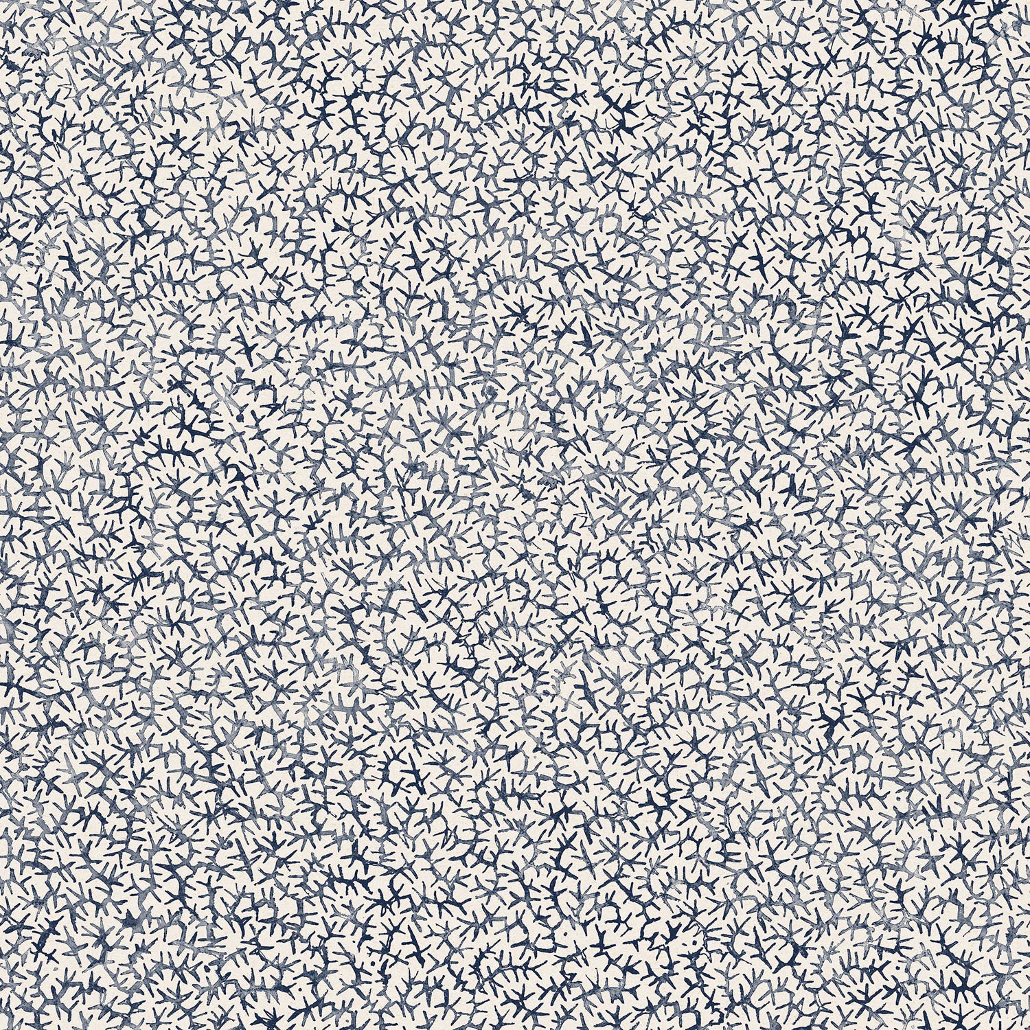 Wallpaper with small scale coral design in navy blue on white. 