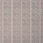 Detail of fabric in a dense repeating stripe and star print in purple on a tan field.