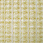 Detail of fabric in a dense repeating stripe and star print in mustard on a cream field.