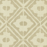 Detail of wallpaper in a geometric lattice print in tan on a cream field.