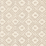 Detail of wallpaper in a geometric lattice print in tan on a cream field.