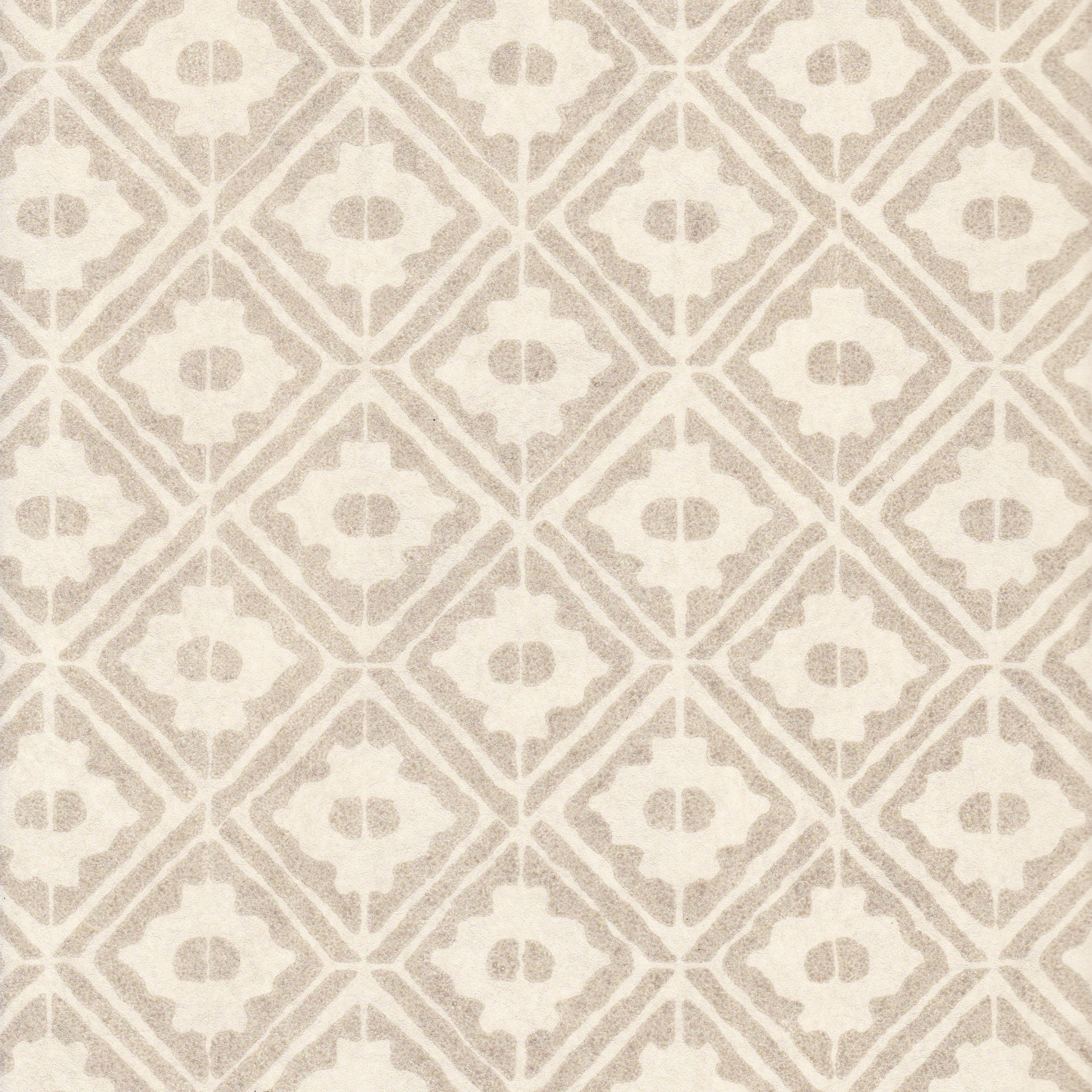 Detail of wallpaper in a geometric lattice print in tan on a cream field.