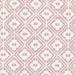 Detail of wallpaper in a geometric lattice print in purple on a cream field.