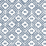 Detail of wallpaper in a geometric lattice print in navy on a white field.