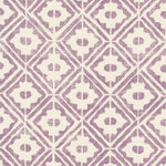 Detail of fabric in a geometric lattice grid in purple on a cream field.