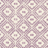 Detail of fabric in a geometric lattice grid in purple on a cream field.