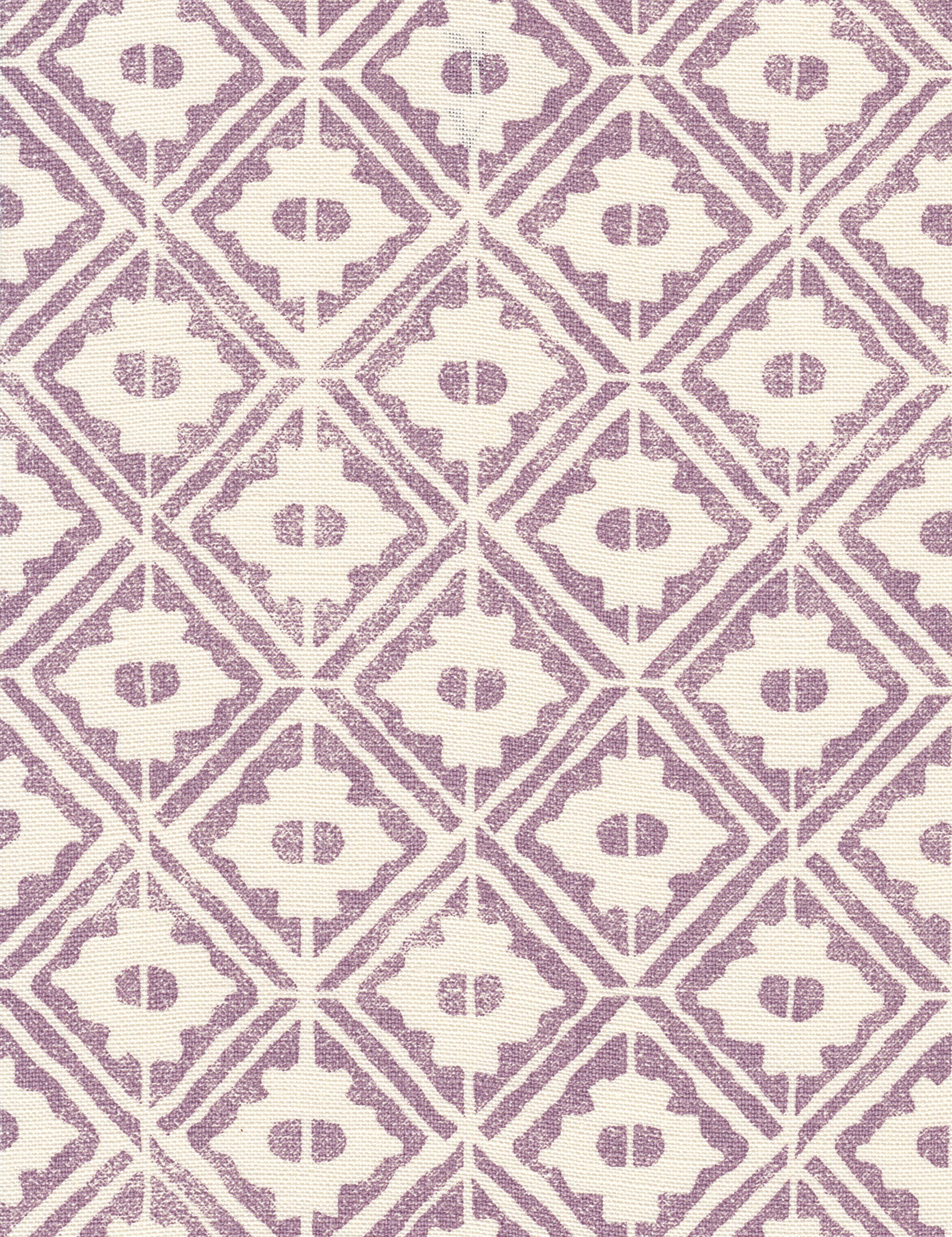 Detail of fabric in a geometric lattice grid in purple on a cream field.