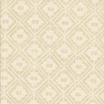 Detail of fabric in a geometric lattice grid in tan on a cream field.