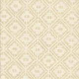 Detail of fabric in a geometric lattice grid in tan on a cream field.