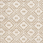 Detail of fabric in a geometric lattice grid in tan on a cream field.