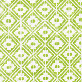 Detail of fabric in a geometric lattice grid in green on a white field.