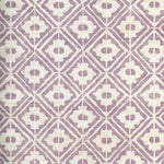 Detail of fabric in a geometric lattice grid in purple on a cream field.