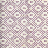 Detail of fabric in a geometric lattice grid in purple on a cream field.