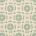 Detail of fabric in a repeating berry and leaf pattern in blue and turquoise on a tan field.