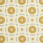 Detail of fabric in a repeating berry and leaf pattern in blue and mustard on a tan field.