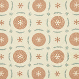 Detail of fabric in a repeating berry and leaf pattern in orange and green on a tan field.