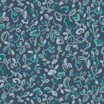 Patterned wallpaper with abstract floral design in shades of blue and turquoise on a navy field. 