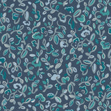 Patterned wallpaper with abstract floral design in shades of blue and turquoise on a navy field. 