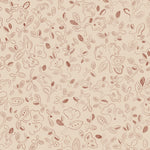 Patterned wallpaper with handsketched floral design in rust red on a beige field. 