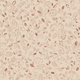 Patterned wallpaper with handsketched floral design in rust red on a beige field. 