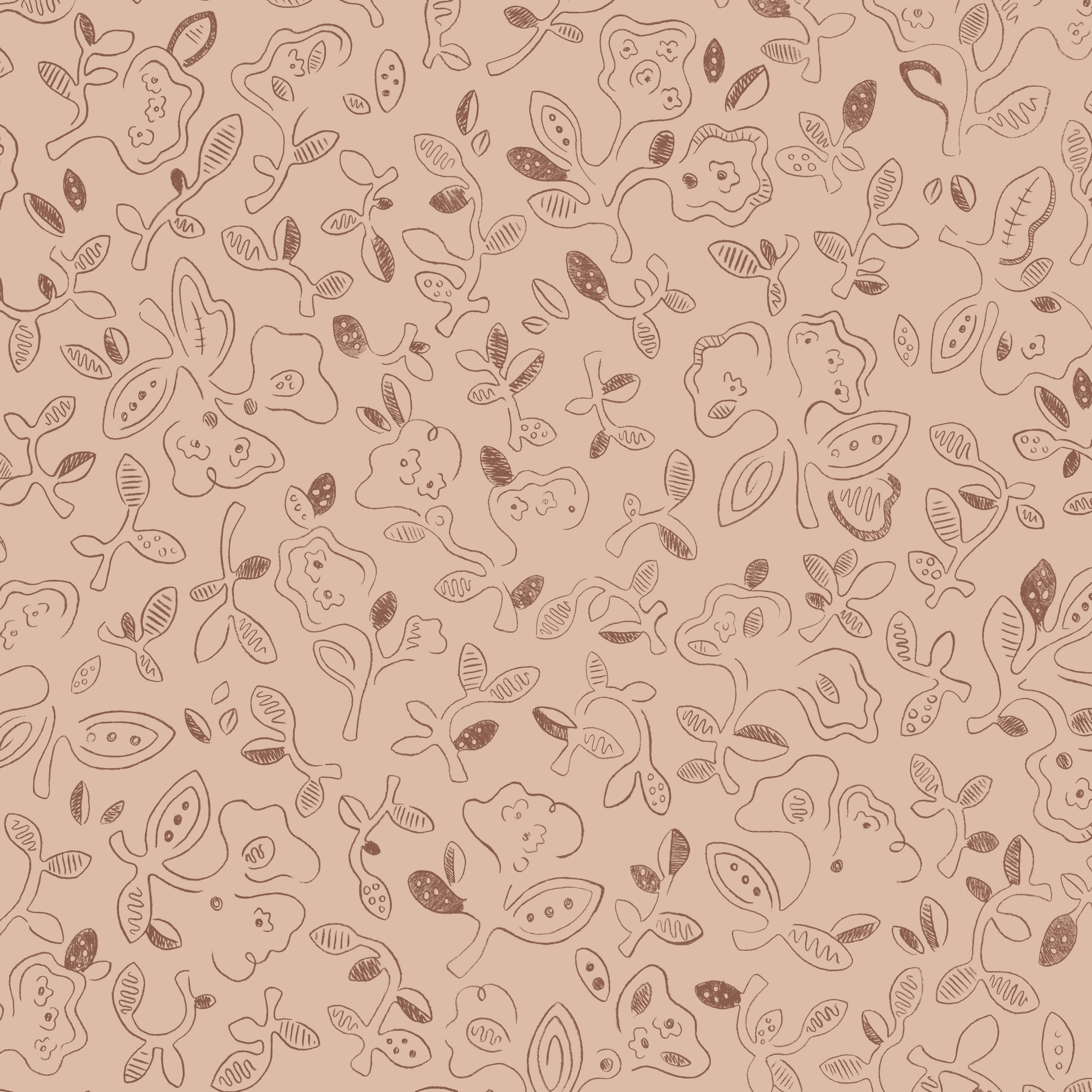 Patterned wallpaper with handsketched floral design in brown on a clay pink field/