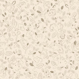 Patterned wallpaper with handsketched floral design in taupe on a beige field.