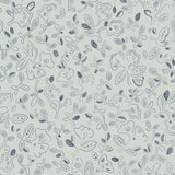 Patterned wallpaper with handsketched floral design in navy on light blue.