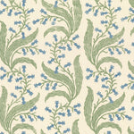 Printed linen in a scrolling floral pattern in blue and green on a cream field. 