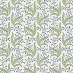 Wallpaper in a scrolling floral pattern in blue and green on a cream field. 