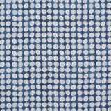 Detail of fabric in a circular floral print in light blue and white on a mottled blue field.