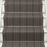 Striped flatweave runner in black and ivory on white staircase