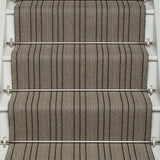 Striped flatweave runner in black and ivory on white staircase