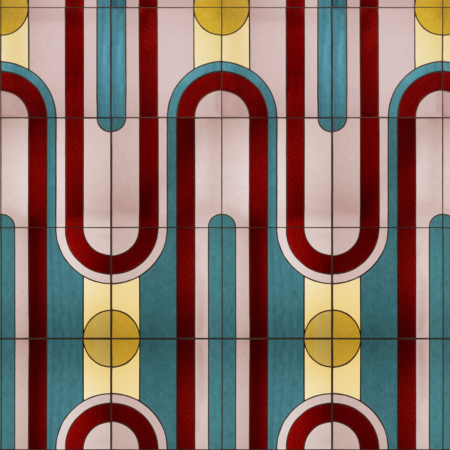 Wallpaper with stained glass pattern with geometric design in turquoise, pink, yellow and red. 