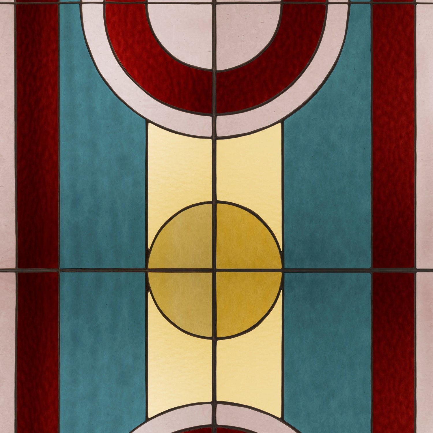 Wallpaper with Stained glass pattern with geometric design featuring concentric circles and rectangular blocks.