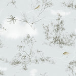 Detail of linen fabric with a painterly bird and branch print in shades of brown and gray on a light blue field.