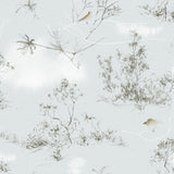 Detail of linen fabric with a painterly bird and branch print in shades of brown and gray on a light blue field.