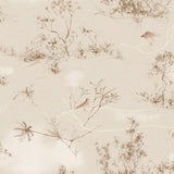Detail of wallpaper in a painterly bird and branch print in shades of brown and white on a cream field.