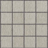 Broadloom carpet in a grey square grid with checkerboard stripes in shades of taupe.