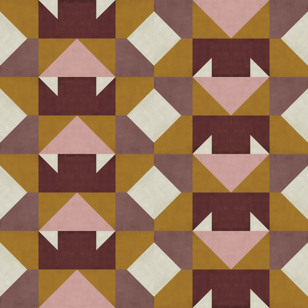 Detail of wallpaper in a geometric grid print in shades of purple and mustard on a cream field.