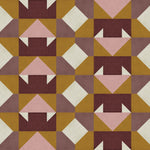 Detail of wallpaper in a geometric grid print in shades of purple and mustard on a cream field.